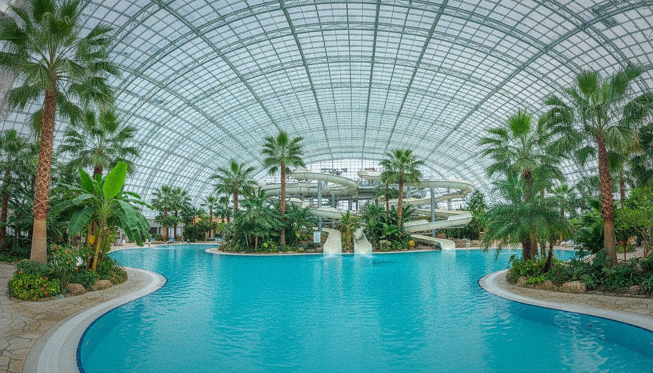 Scivoli e piscine della zona Galaxy delle Terme di Bucarest sotto la cupola di vetro