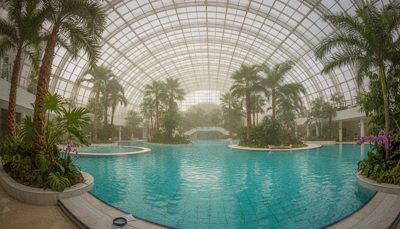 Braccialetto elettronico e biglietto d'ingresso alle Terme di Bucarest sul bordo di una piscina termale