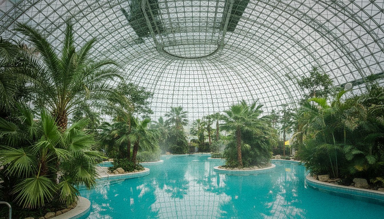L'interno delle Terme di Bucarest sotto la cupola di vetro con piscine turchesi e palme
